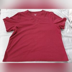 Alison Daley Deep Red V Neck Embroidered Short Sleeve Top Size L
